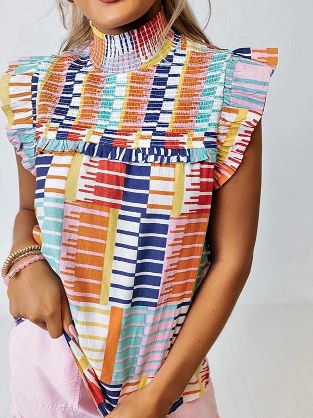 THML Vibrant Multi-Stripe Smocked Top High Neck Ruffle Cap Sleeve Blouse XS
